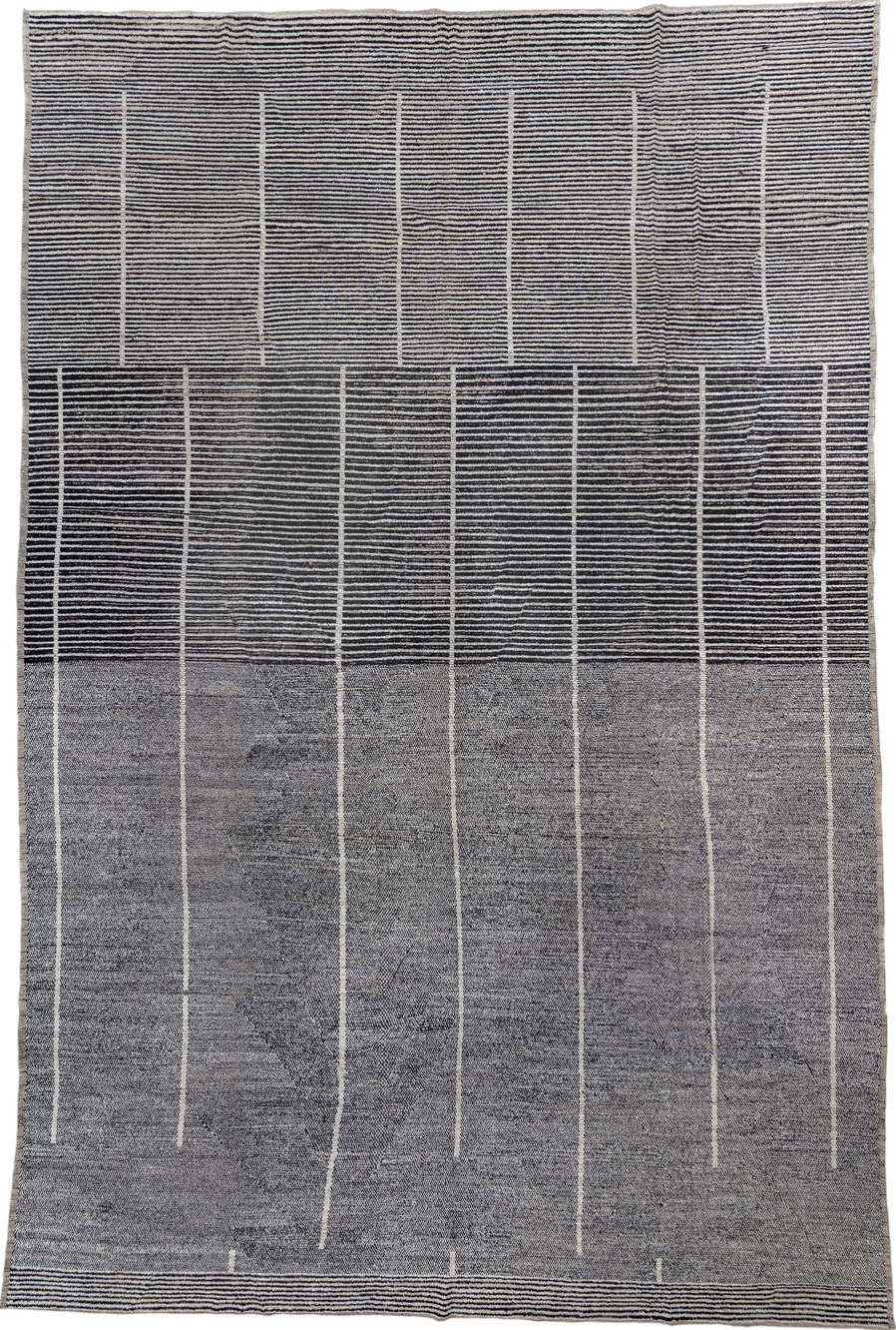 14' x 22' one-of-a-kind handmade vintage Tulu oversize rug. Color palette: gray, black, light gray, off-white, charcoal