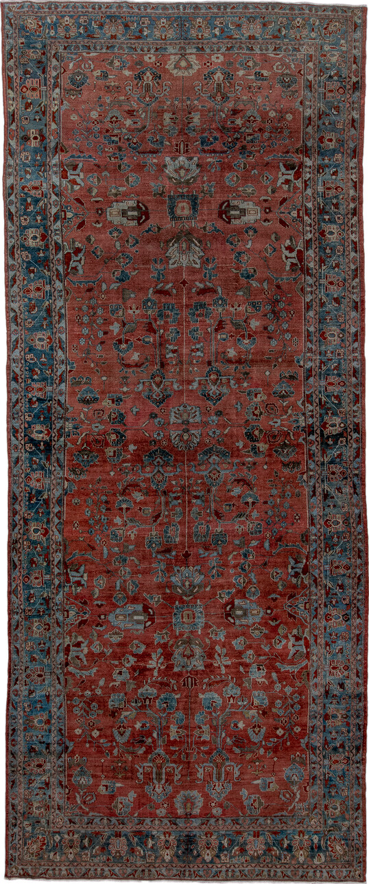 7' x 16' one-of-a-kind handmade vintage Lilian rug. Color palette: black, brown, charcoal, gray, light slate gray, pink, red