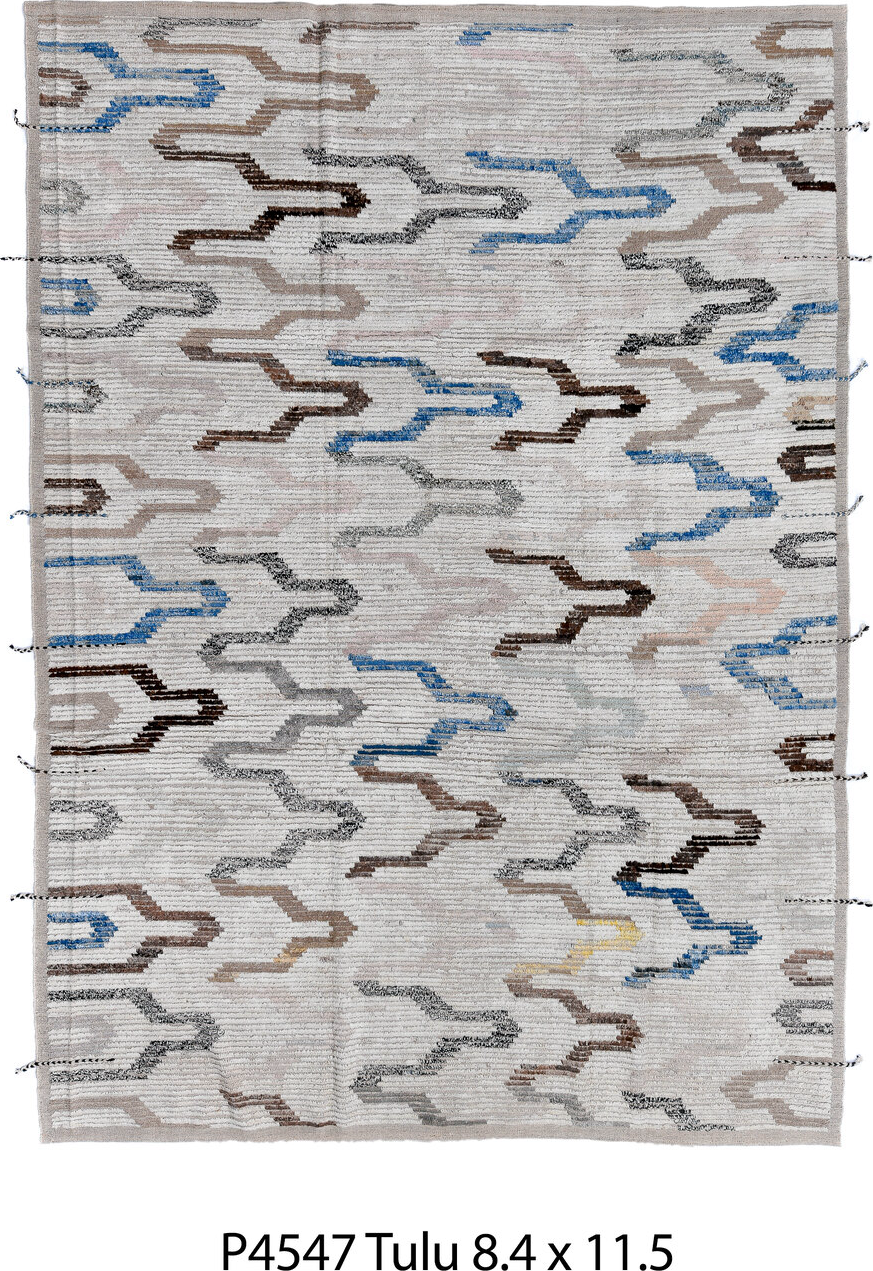 8' x 11' one-of-a-kind handmade vintage Tulu large size rug. Color palette: black, blue, gainsboro, gray, light gray