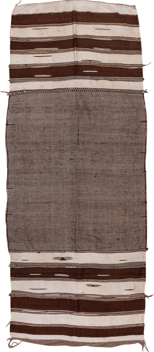 4' x 11' one-of-a-kind handmade vintage Kilim runner rug. Color palette: brown, gray, light gray, off-white, pink