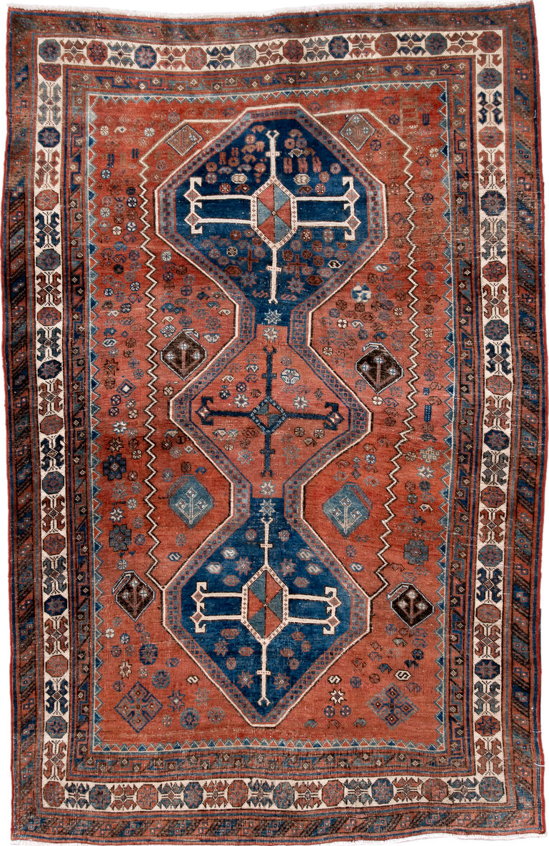 4' x 6' one-of-a-kind handmade vintage Afshar small size rug. Color palette: arapawa, blue, brown, dark gray, gray
