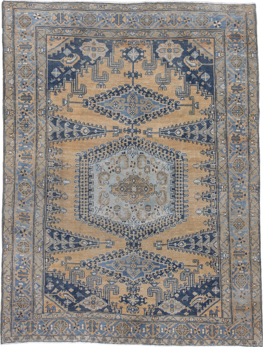 7' x 10' one-of-a-kind handmade vintage Veece large size rug. Color palette: black, blue, brown, charcoal, dark gray