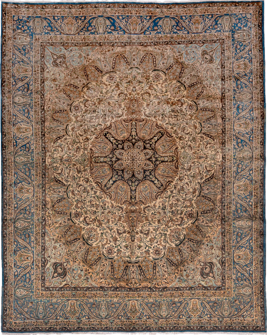 7' x 9' one-of-a-kind handmade vintage Kerman rug. Color palette: arapawa, black, blue, brown, charcoal, dim gray, gainsboro