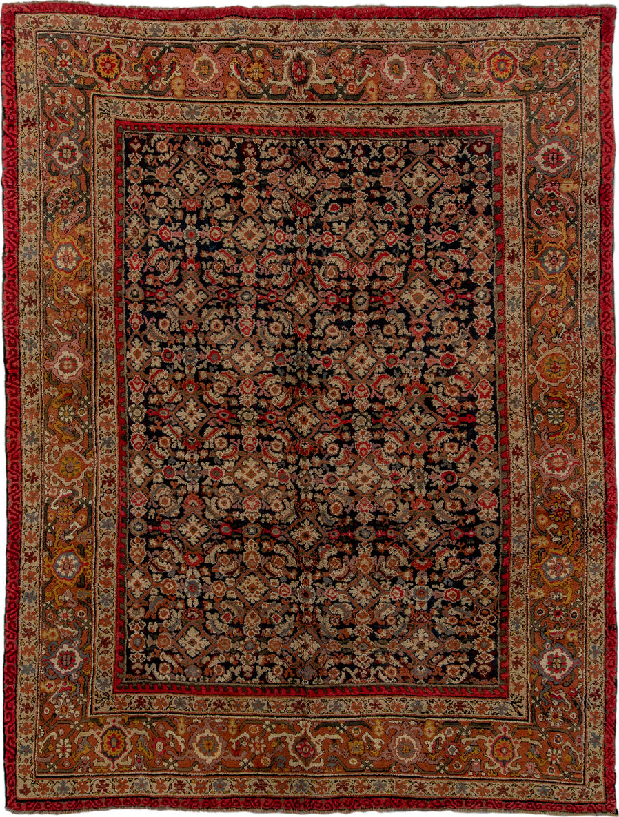 10' x 12' one-of-a-kind handmade vintage European large size rug. Color palette: brown, gray, pink, red, saddle brown