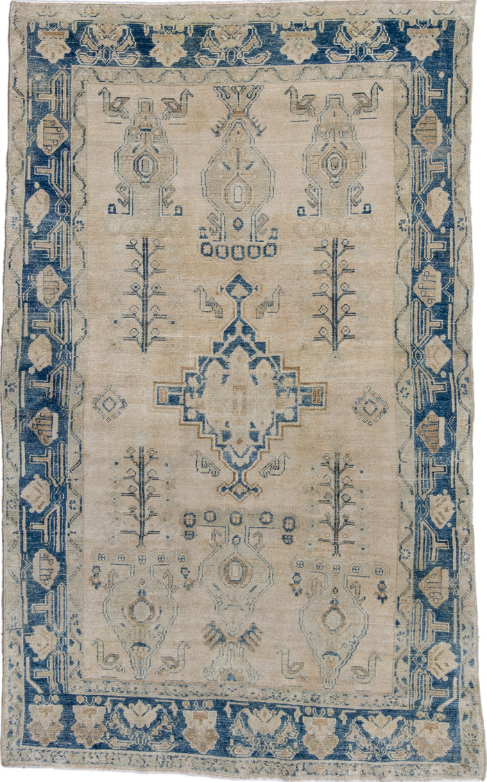 4' x 7' one-of-a-kind handmade vintage Afshar rug. Color palette: blue, brown, dark gray, fiord, gainsboro, gray, light gray