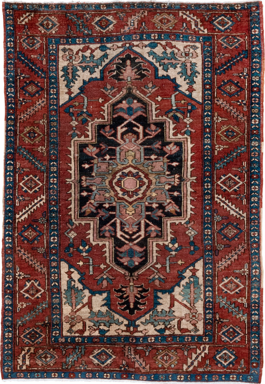 4' x 6' one-of-a-kind handmade vintage Serapi small size rug. Color palette: arapawa, blue, brown, dim gray, gray, pink, red