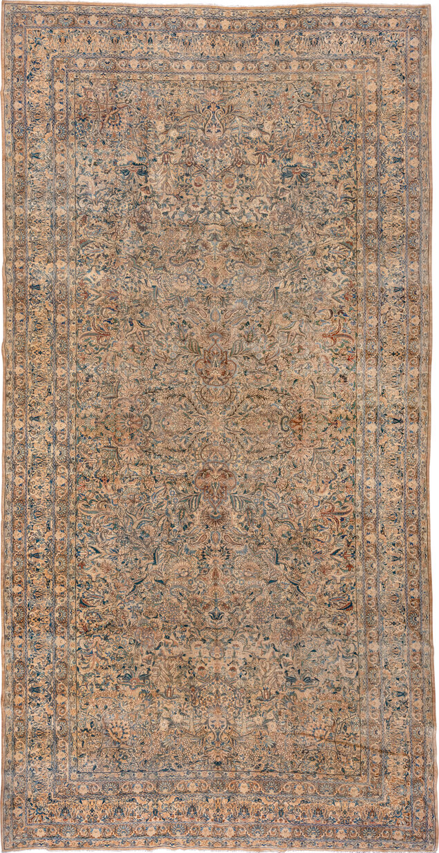 9' x 18' one-of-a-kind handmade vintage Kerman rug. Color palette: blue, brown, dim gray, gray, light gray, off-white