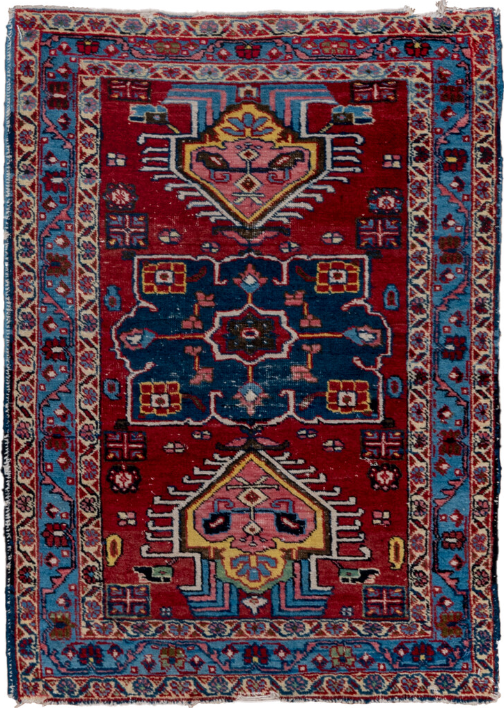 2' x 3' one-of-a-kind handmade vintage Heriz small size rug. Color palette: black, blue, brown, gray, pink, red