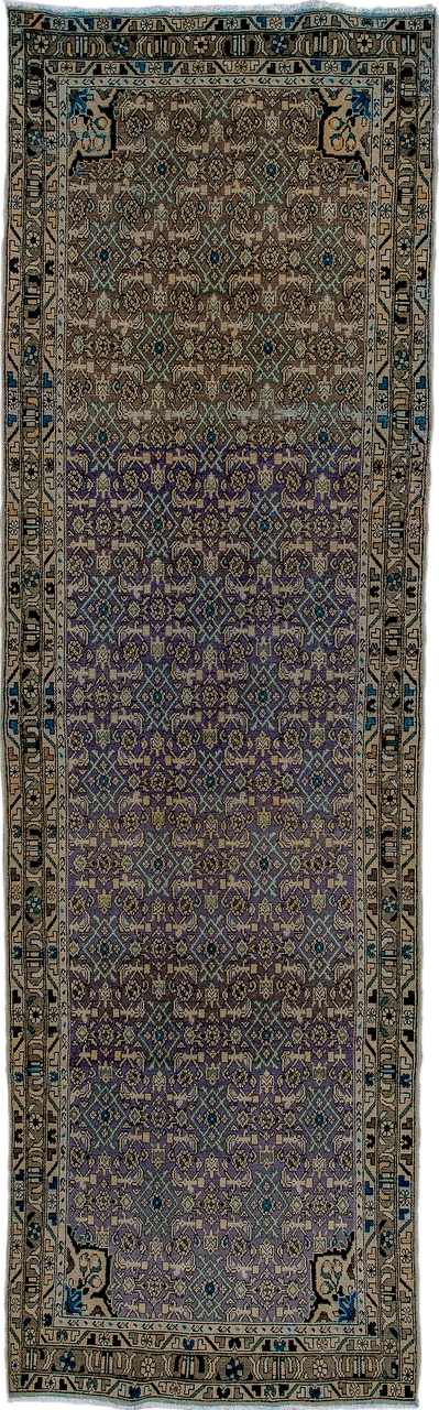 3' x 12' one-of-a-kind handmade vintage Malayer runner rug. Color palette: black, blue, charcoal, gray, green, light gray