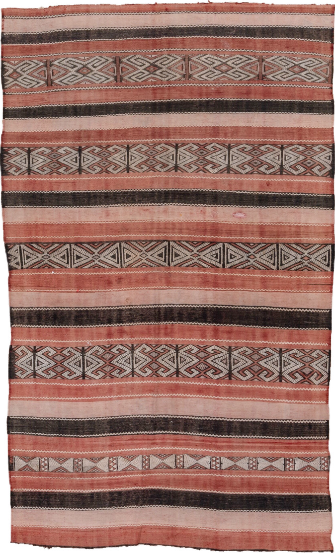 5' x 8' one-of-a-kind handmade vintage Jijim medium size rug. Color palette: black, brown, gray, light gray, orange, pink