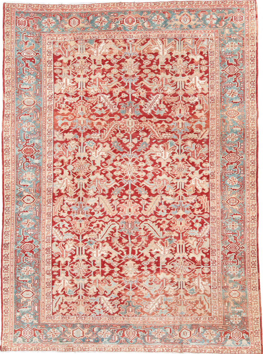 7' x 10' one-of-a-kind handmade vintage Heriz large size rug. Color palette: antiquewhite, blue, brown, fire brick, gray