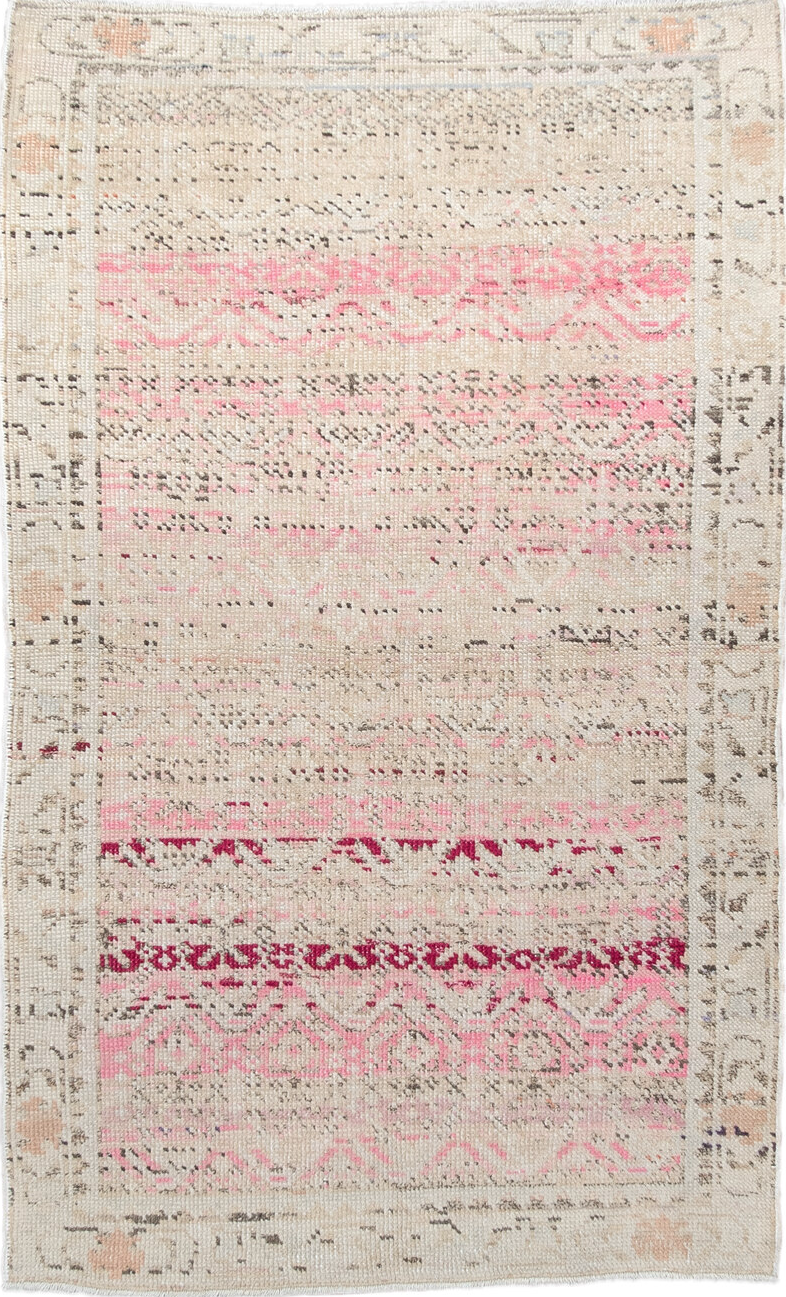 2' x 4' one-of-a-kind handmade vintage Anatol small size rug. Color palette: pink, gray, off-white, red, brown, light gray
