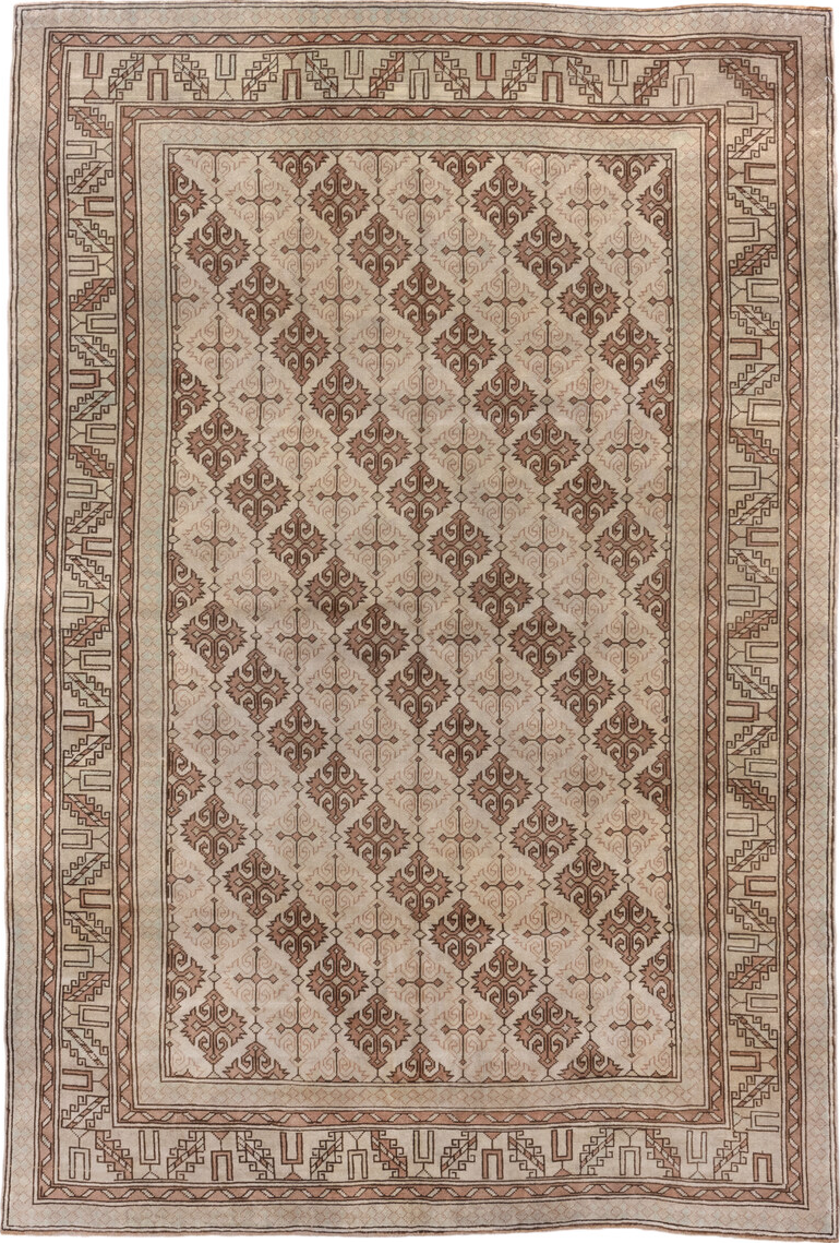 6' x 9' one-of-a-kind handmade vintage Oushak medium size rug. Color palette: brown, gray, off-white, orange, pink