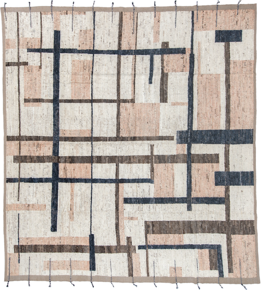 11' x 12' one-of-a-kind handmade vintage Tulu oversize rug. Color palette: black, blue, charcoal, gainsboro, gray