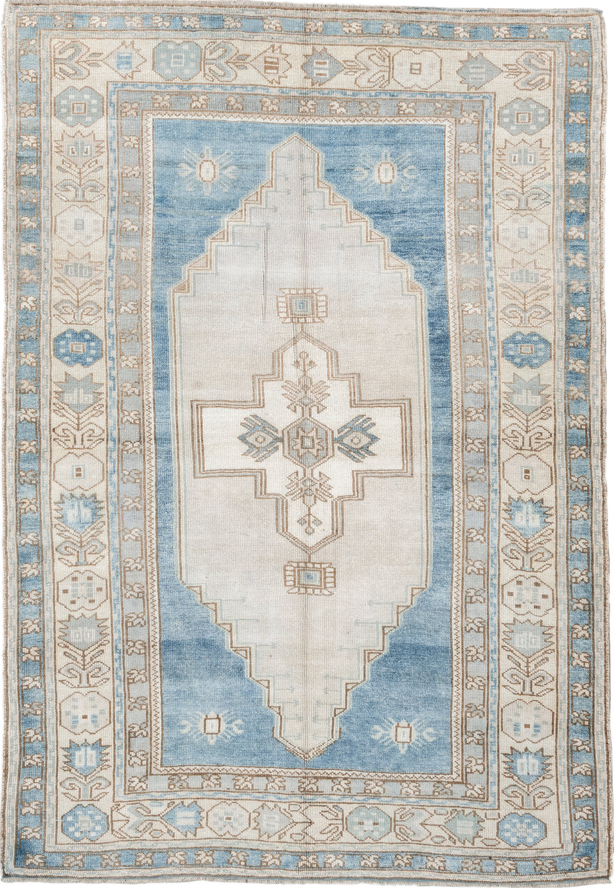 4' x 7' one-of-a-kind handmade vintage Anatol rug. Color palette: brown, dark gray, gainsboro, gray, light blue, light gray