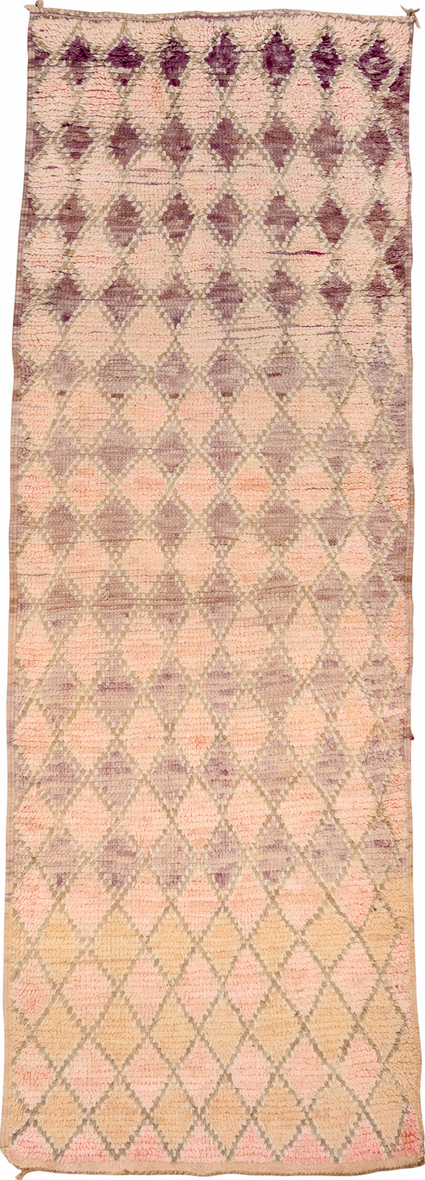 3' x 8' one-of-a-kind handmade vintage Moroccan runner rug. Color palette: brown, red, pink, orange, off-white, bisque