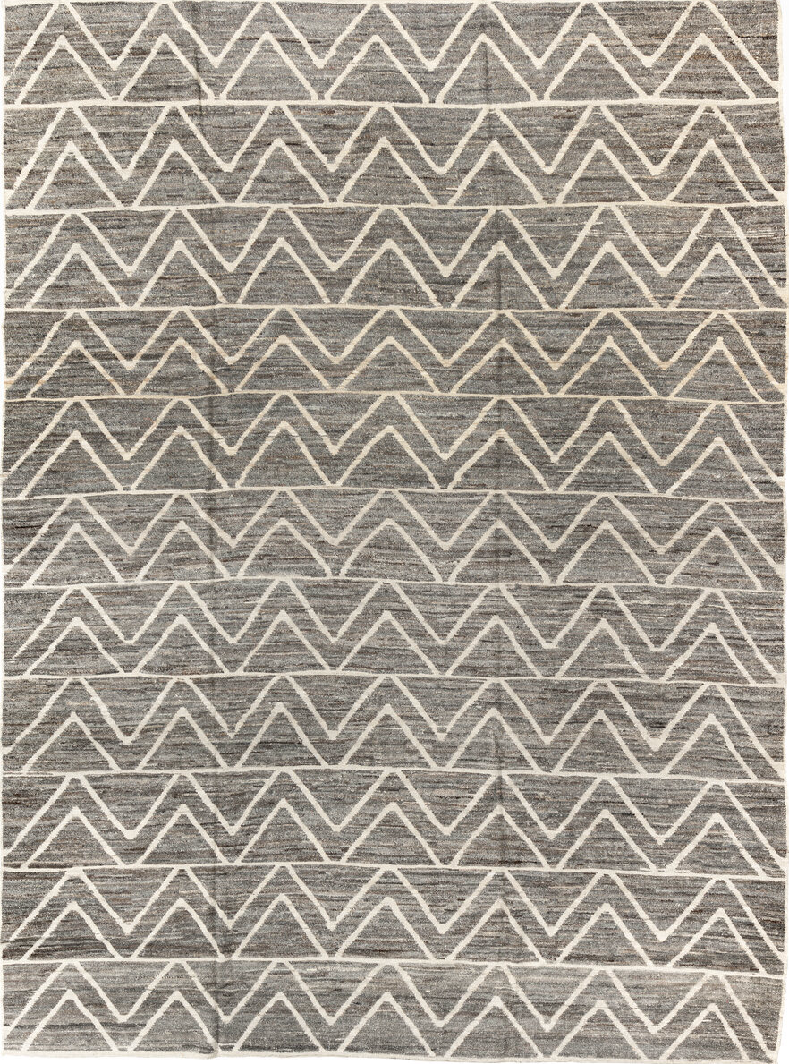 9' x 12' one-of-a-kind handmade vintage Tulu large size rug. Color palette: black, gray, light gray, off-white, silver