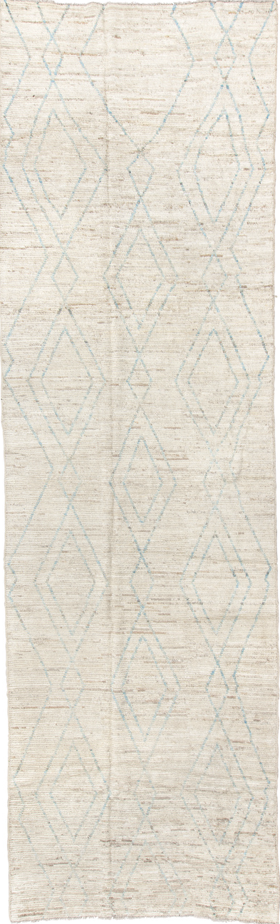 5' x 18' one-of-a-kind handmade vintage Tulu rug. Color palette: brown, gainsboro, gray, light gray, linen, off-white