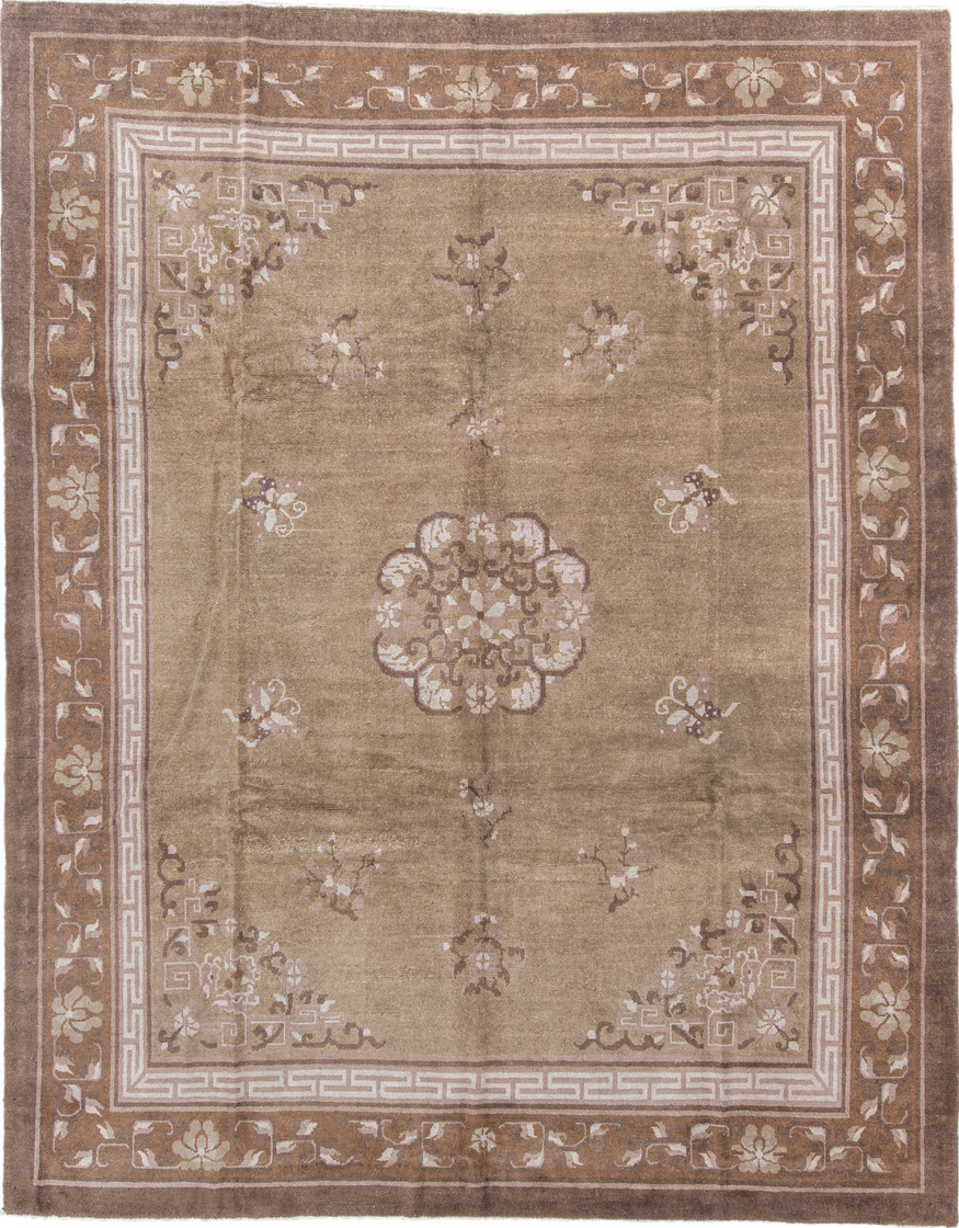 9' x 11' one-of-a-kind handmade vintage Chinese large size rug. Color palette: gray, light gray, off-white, pink, brown