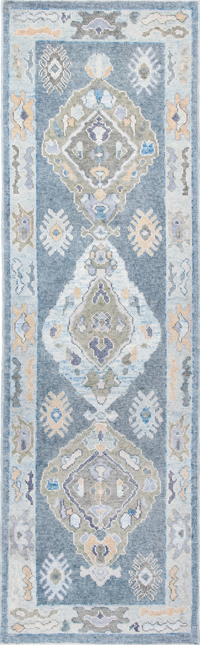2' x 9' one-of-a-kind handmade vintage Oushak runner rug. Color palette: alice blue, blue, brown, dark gray, gainsboro