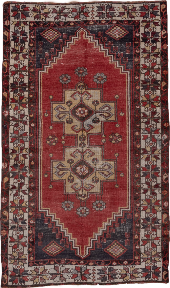 4' x 6' one-of-a-kind handmade vintage Oushak small size rug. Color palette: black, brown, charcoal, gray, pink, red, wine