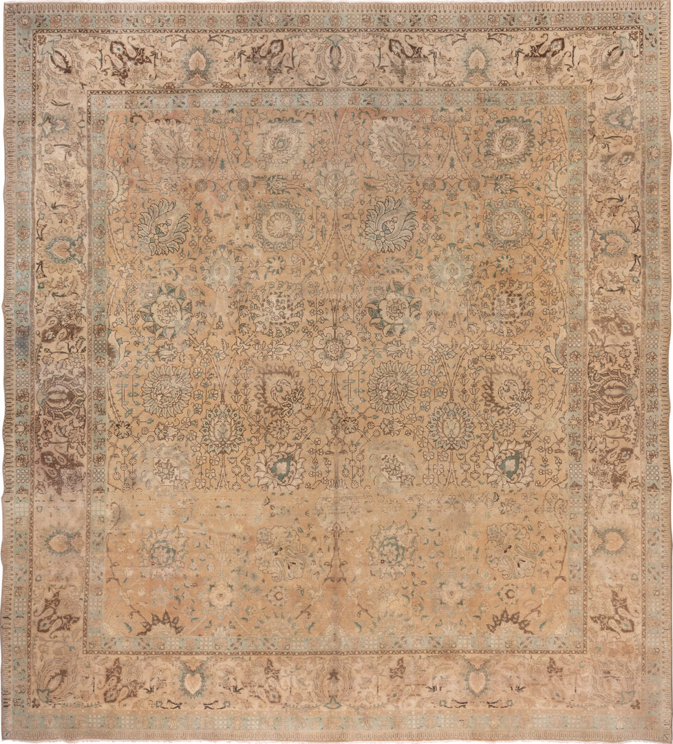 11' x 12' one-of-a-kind handmade vintage Sivas oversize rug. Color palette: brown, gray, light gray, off-white, orange, pink