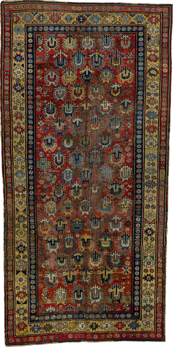 3' x 7' one-of-a-kind handmade vintage Sumak runner rug. Color palette: arapawa, blue, brown, fiord, gray, light slate gray