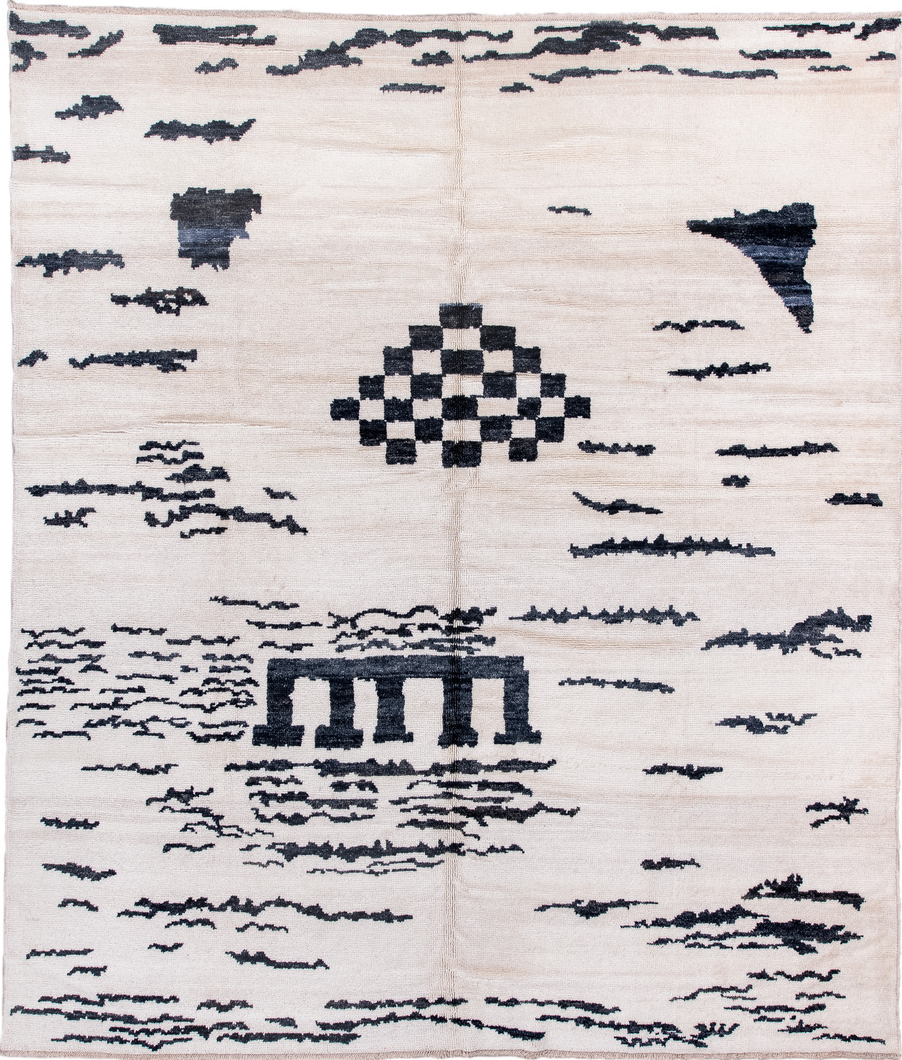 8' x 10' one-of-a-kind handmade vintage Moroccan large size rug. Color palette: black, blue, dark gray, dim gray, gainsboro