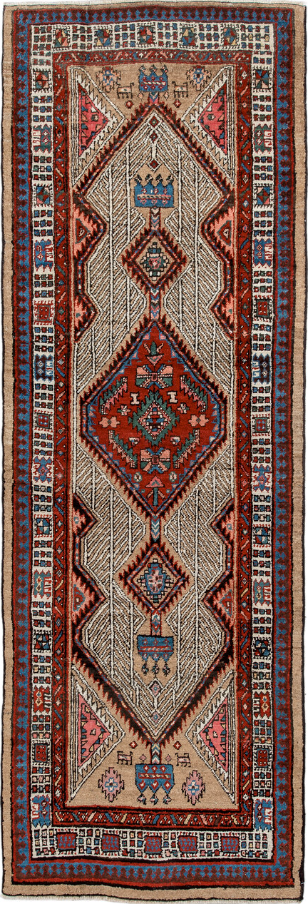 2' x 8' one-of-a-kind handmade vintage Sarab runner rug. Color palette: arapawa, blue, brown, gray, light gray, linen