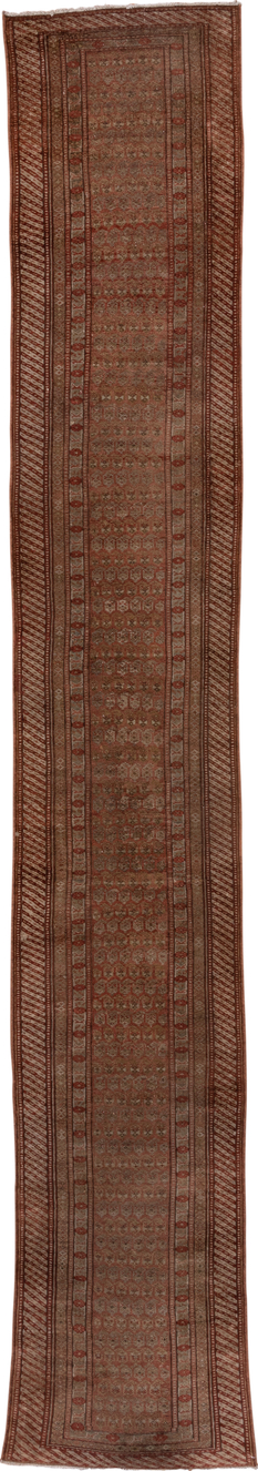 2' x 17' one-of-a-kind handmade vintage NW Persian runner rug. Color palette: brown, off-white, pink, snow, white