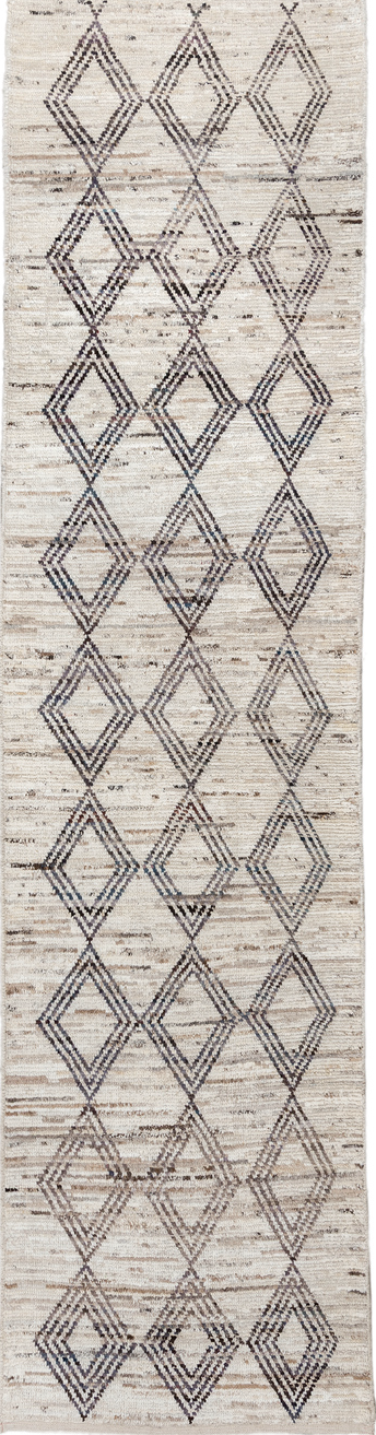 3' x 13' one-of-a-kind handmade vintage Tulu runner rug. Color palette: black, blue, dark gray, dim gray, gainsboro, gray