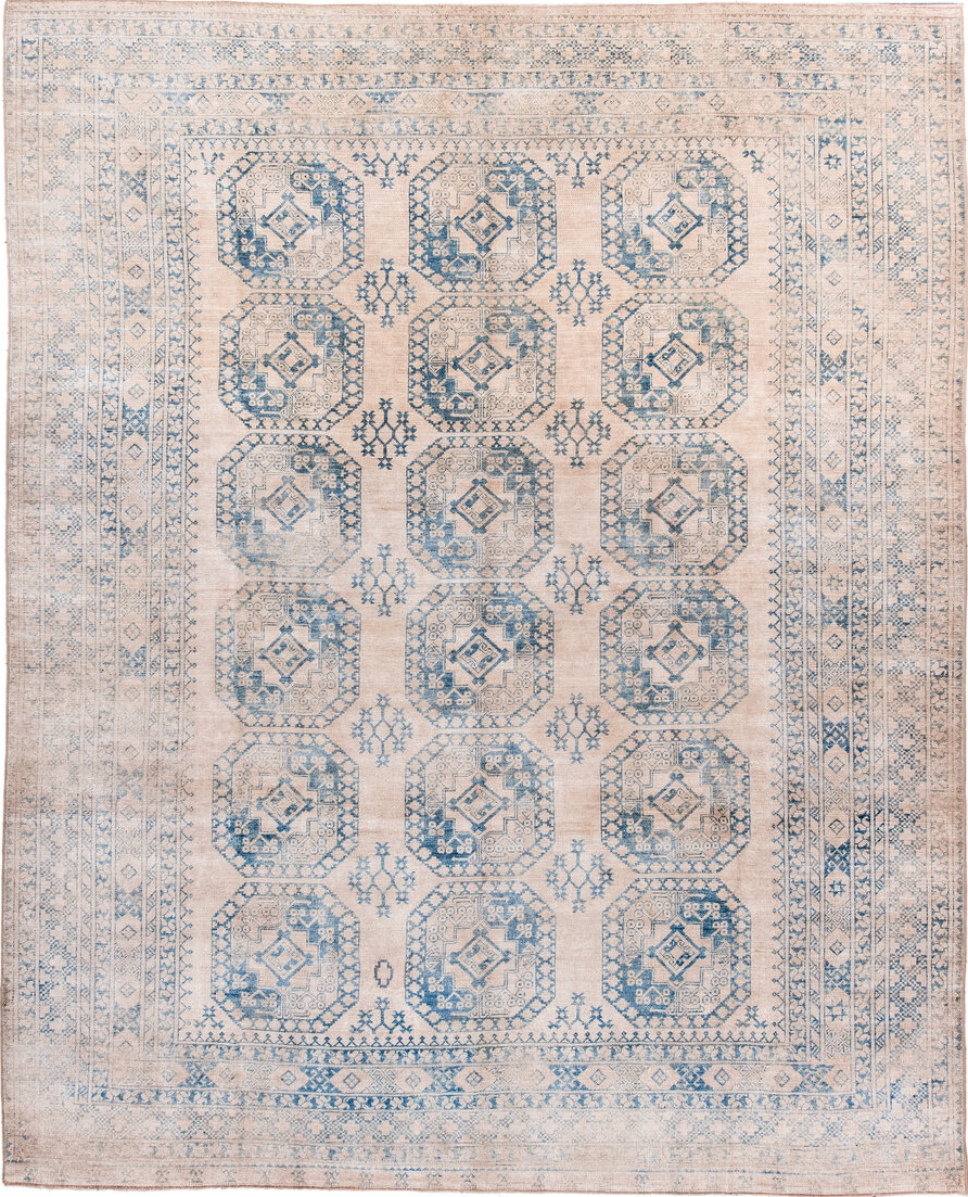 9' x 11' one-of-a-kind handmade vintage Afghan large size rug. Color palette: antiquewhite, black, blue, brown, dark gray