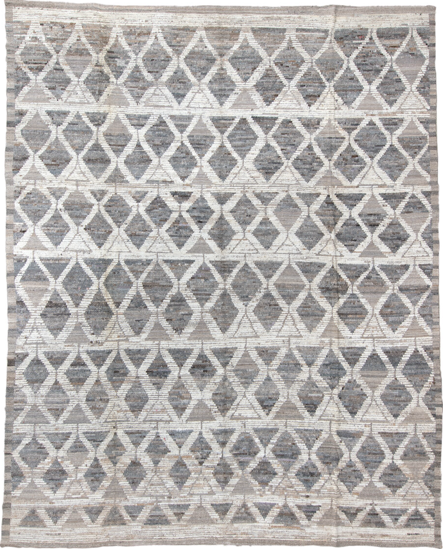 11' x 13' one-of-a-kind handmade vintage Tulu oversize rug. Color palette: gray, off-white, light gray, pink, blue