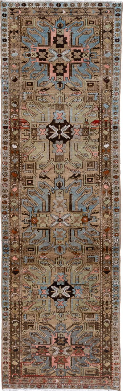 3' x 10' one-of-a-kind handmade vintage Heriz runner rug. Color palette: black, brown, charcoal, dark gray, gray, light gray