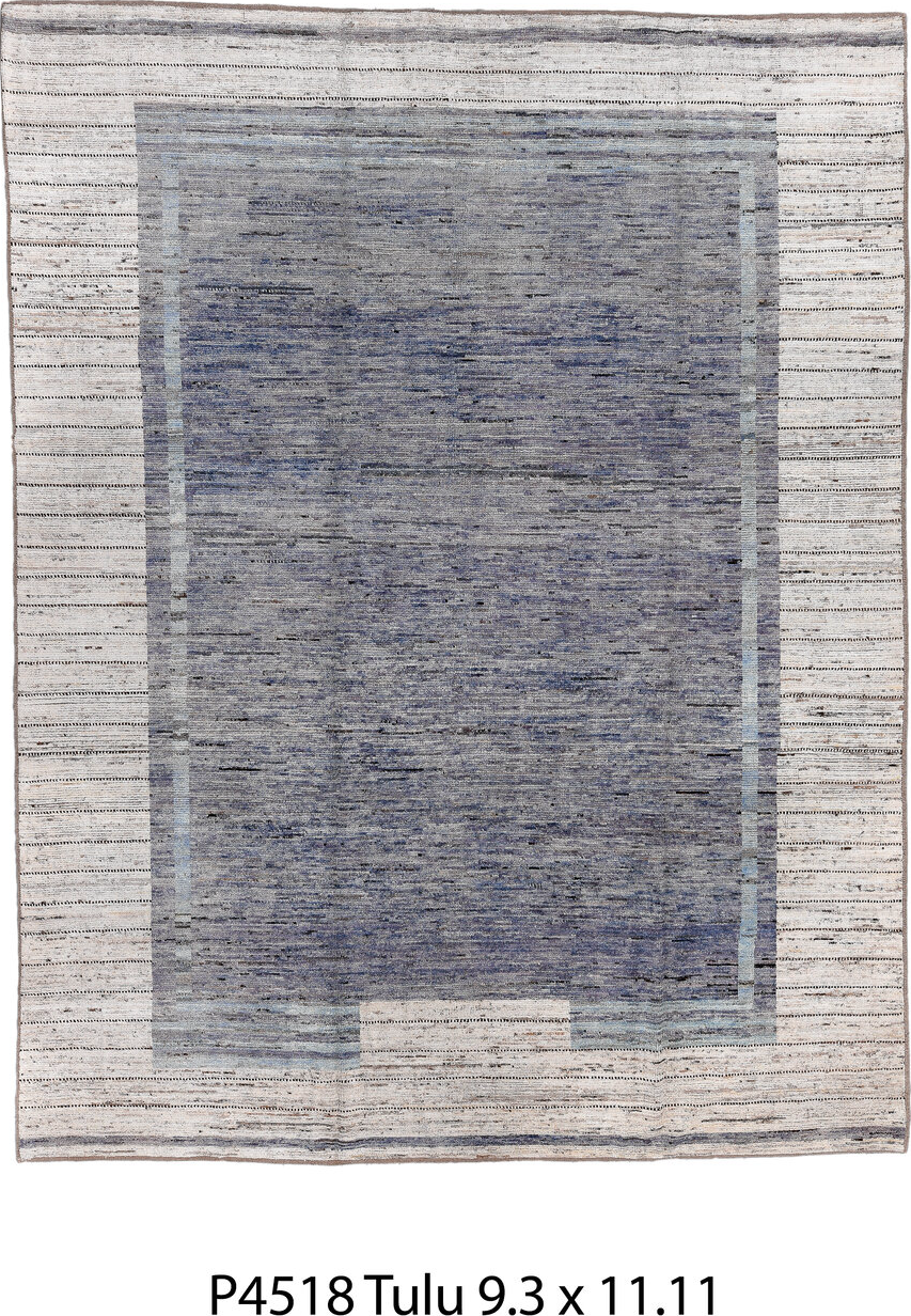 9' x 11' one-of-a-kind handmade vintage Tulu large size rug. Color palette: black, blue, charcoal, dark gray, dim gray