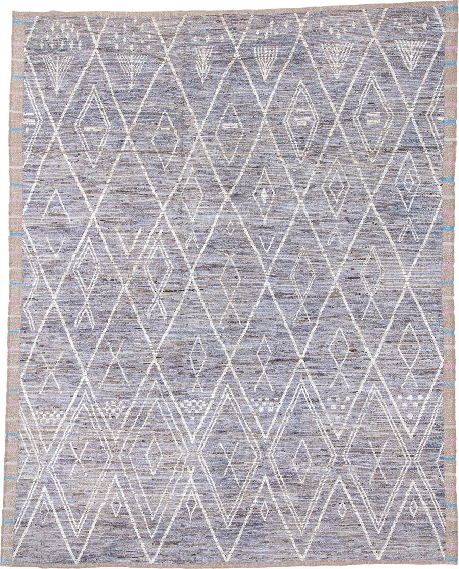 11' x 14' one-of-a-kind handmade vintage Tulu oversize rug. Color palette: black, blue, gainsboro, gray, light blue
