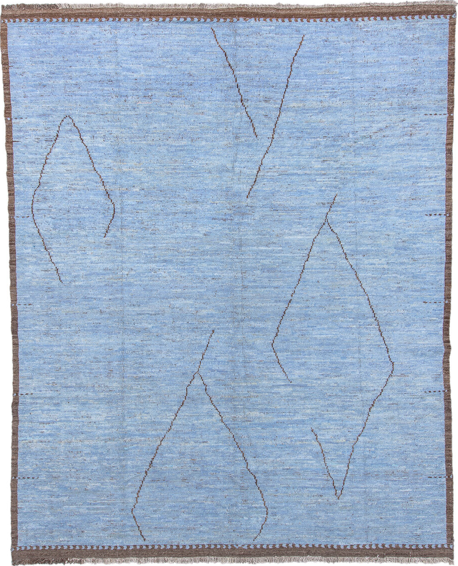 10' x 13' one-of-a-kind handmade vintage Tulu large size rug. Color palette: blue, gray, light blue, light gray