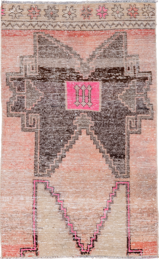 2' x 3' one-of-a-kind handmade vintage Oushak small size rug. Color palette: brown, dark gray, gray, light gray, off-white