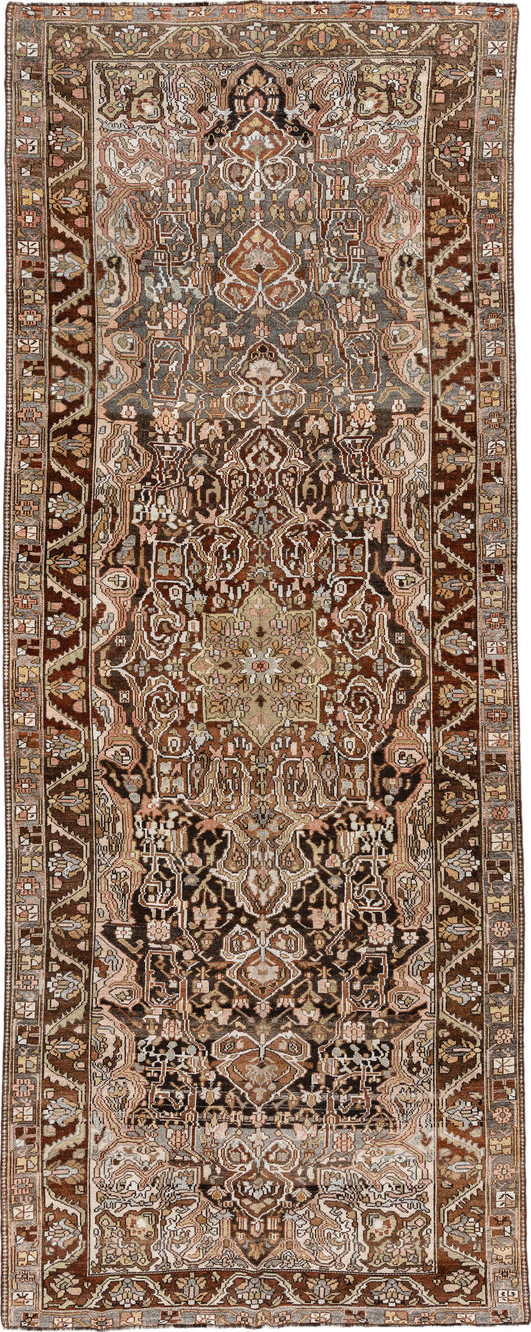 5' x 13' one-of-a-kind handmade vintage Baktiary rug. Color palette: antiquewhite, black, brown, gray, light gray, linen