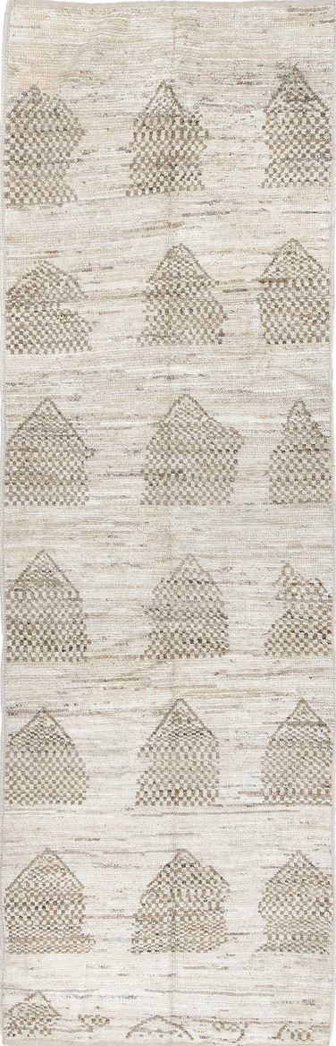 3' x 10' one-of-a-kind handmade vintage Tulu runner rug. Color palette: black, blue, charcoal, dark gray, gray, light blue