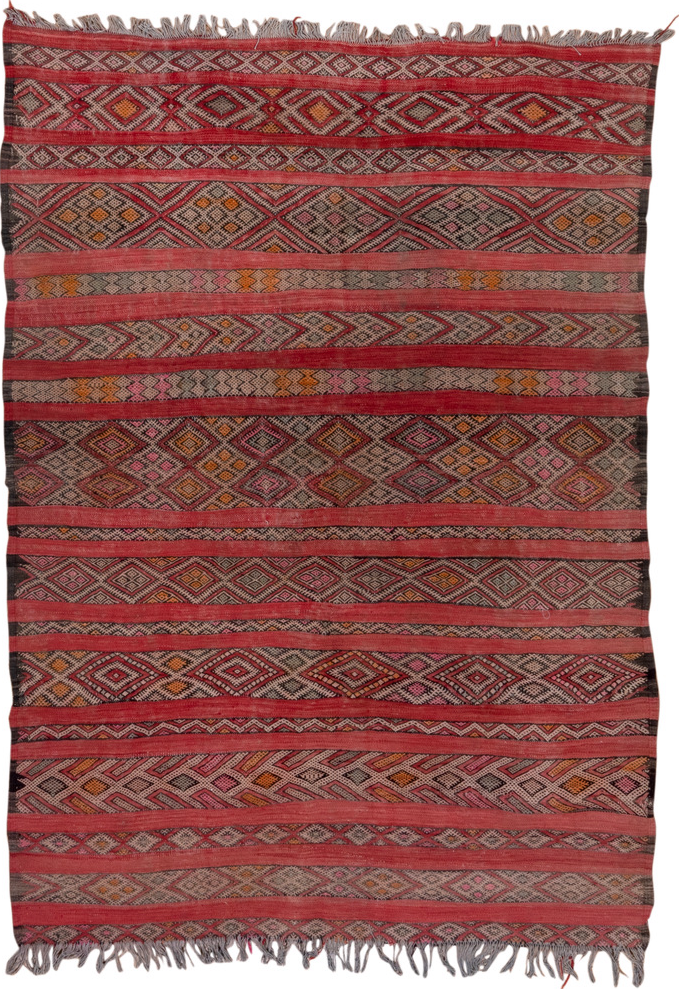 5' x 7' one-of-a-kind handmade vintage Kilim rug. Color palette: brown, gray, light gray, pink, red, redwood