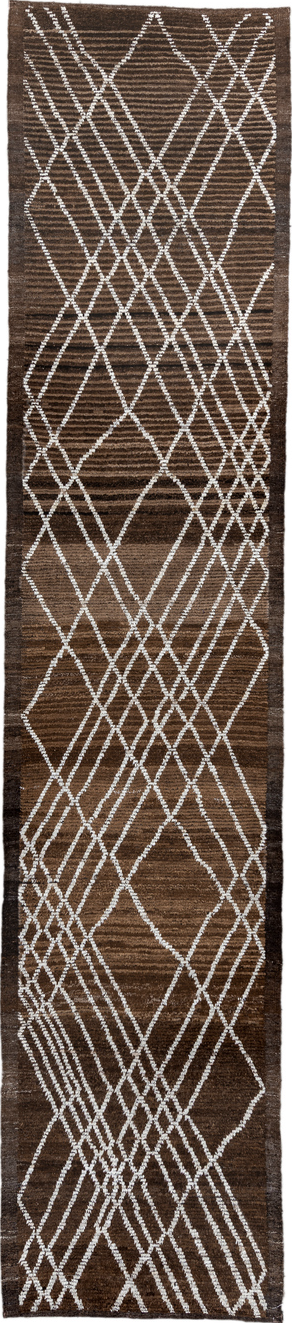 3' x 15' one-of-a-kind handmade vintage Tulu runner rug. Color palette: black, brown, dark gray, gainsboro, gray, light gray