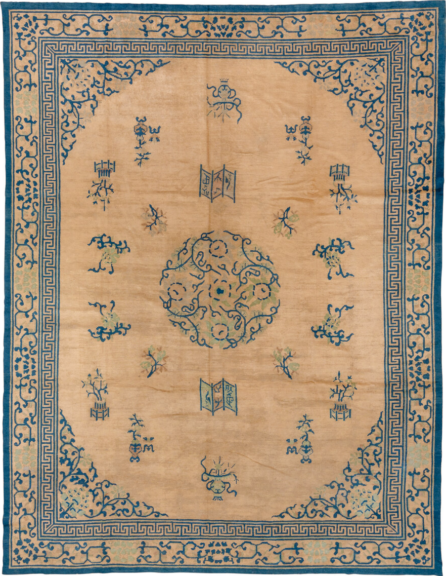 8' x 11' one-of-a-kind handmade vintage Chinese large size rug. Color palette: arapawa, blue, brown, burlywood, dim gray