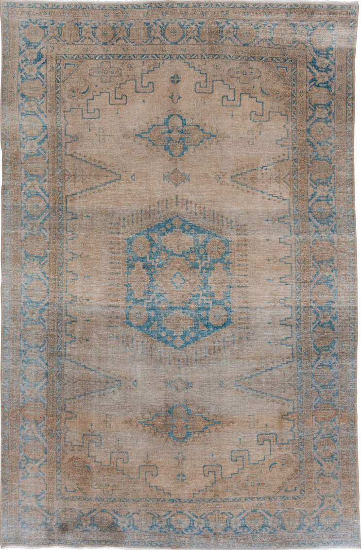 7' x 10' one-of-a-kind handmade vintage Veece large size rug. Color palette: blue, dark gray, gray, light gray, pink, silver