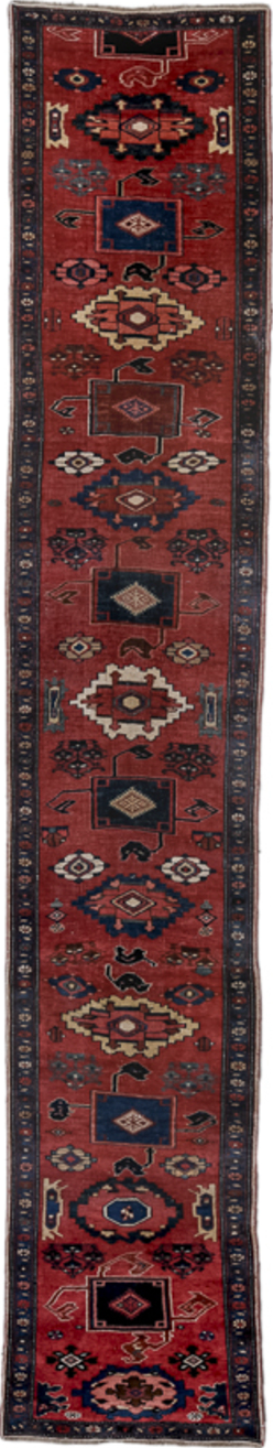 2' x 14' one-of-a-kind handmade vintage Bidjar runner rug. Color palette: black, brown, gray, light gray, pink, red