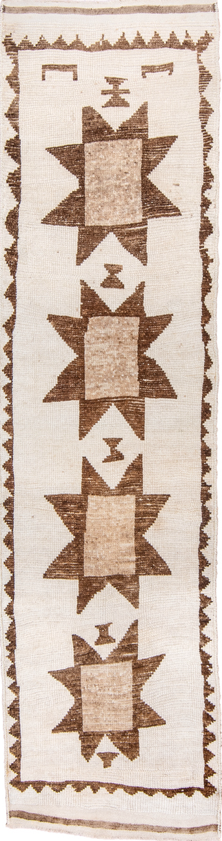3' x 11' one-of-a-kind handmade vintage Kars runner rug. Color palette: brown, gray, light gray, linen, off-white, old lace