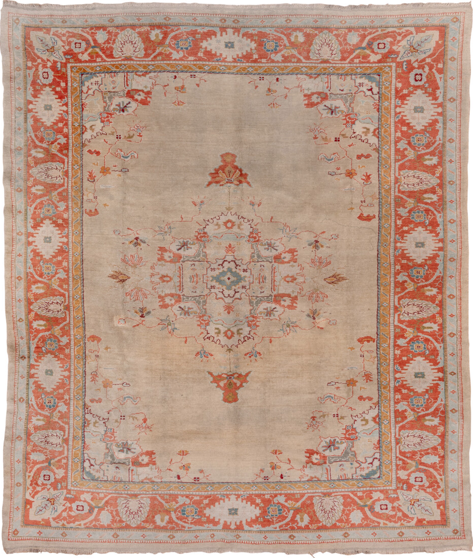 9' x 10' one-of-a-kind handmade vintage Oushak large size rug. Color palette: brown, dim gray, gray, light gray, off-white