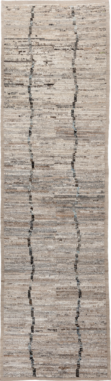 3' x 13' one-of-a-kind handmade vintage Tulu runner rug. Color palette: black, gray, light gray, pink, off-white, silver