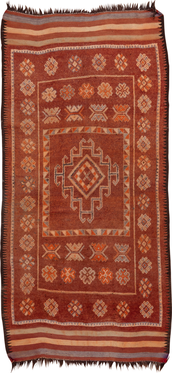 5' x 12' one-of-a-kind handmade vintage Moroccan rug. Color palette: brown, gray, pink