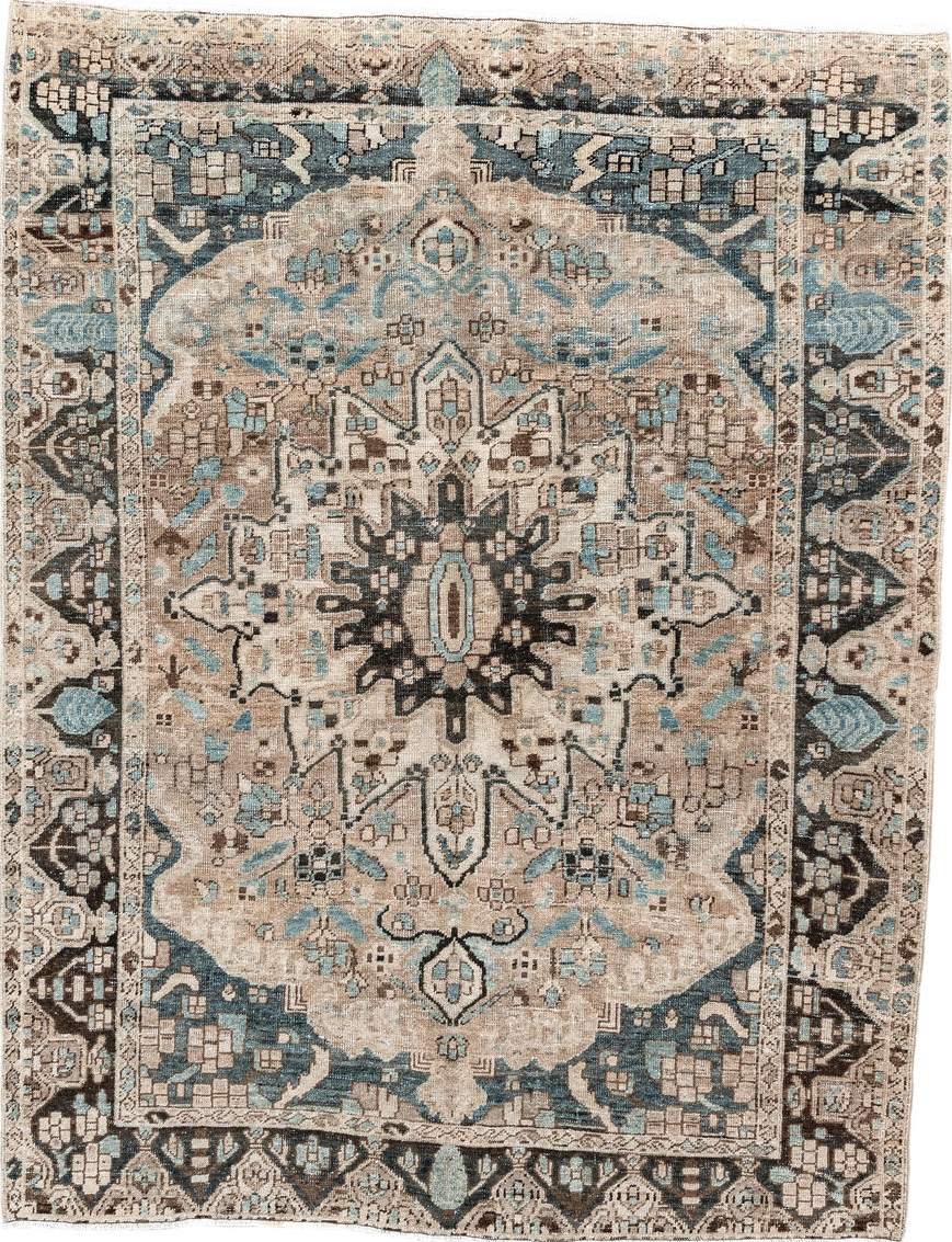 5' x 7' one-of-a-kind handmade vintage Baktiary rug. Color palette: black, brown, dim gray, gray, light gray, off-white